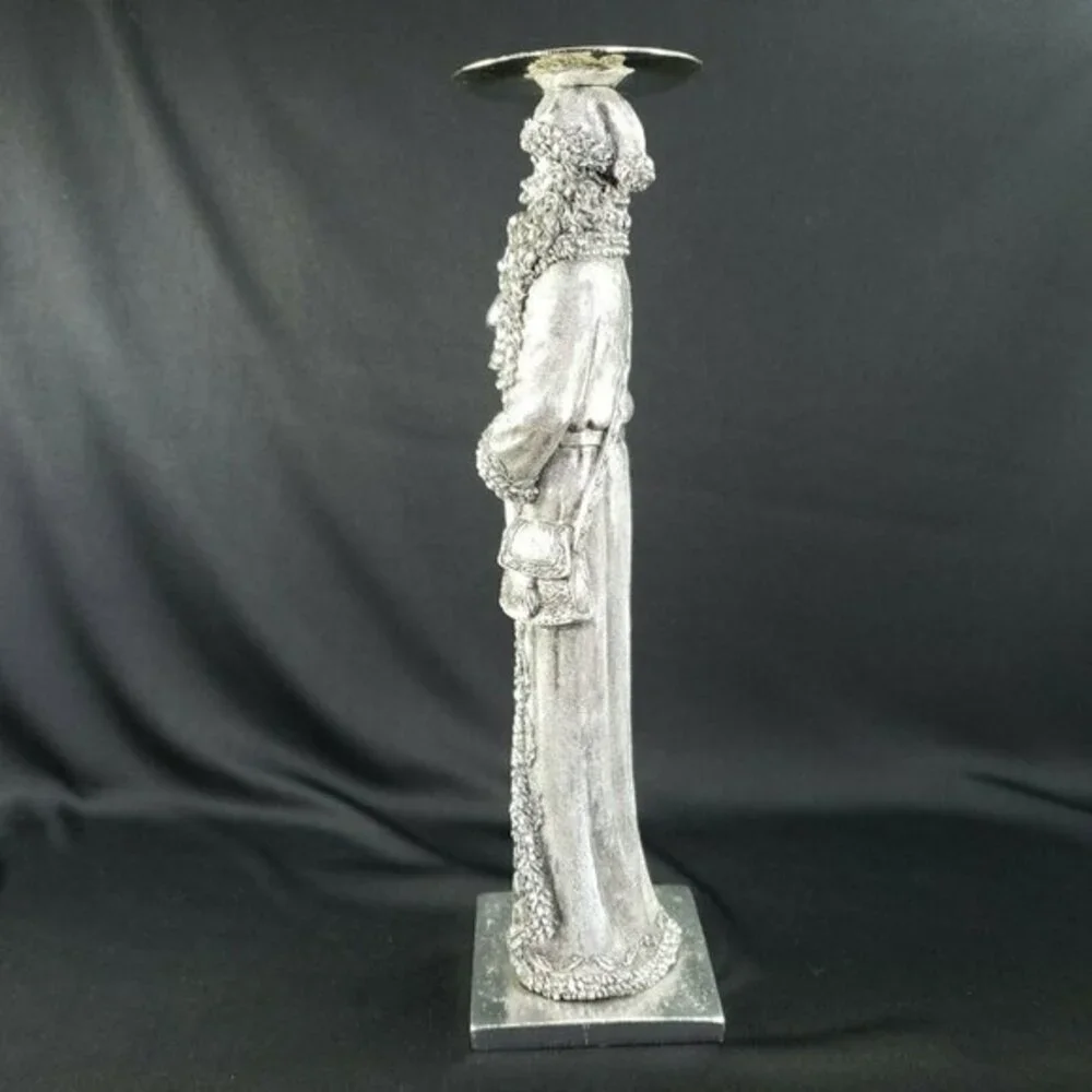 Santa Claus Pillar Candlestick Holder Silver Color Embossed‎ Christmas Holiday